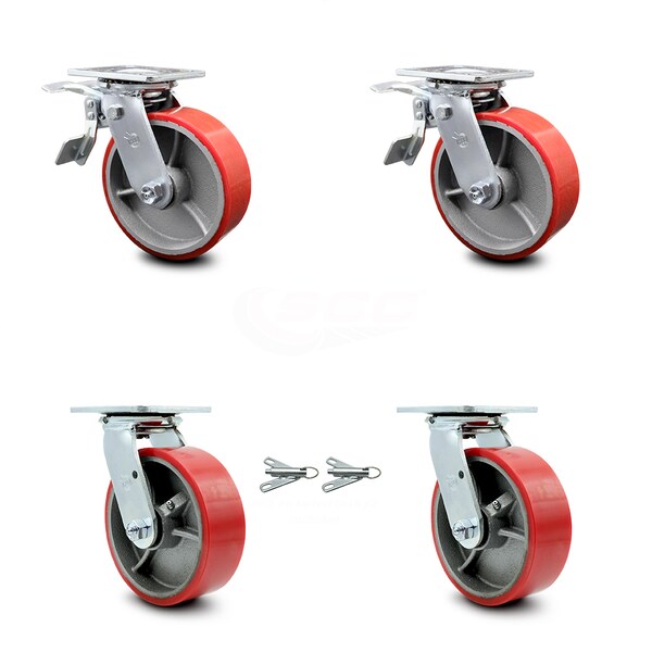 Service Caster 6 Inch Red Poly on Cast Iron Caster Set with Ball Bearing 2 Brakes 2 Swivel Lock SCC-TTL30S620-PUB-RS-2-BSL-2 - main